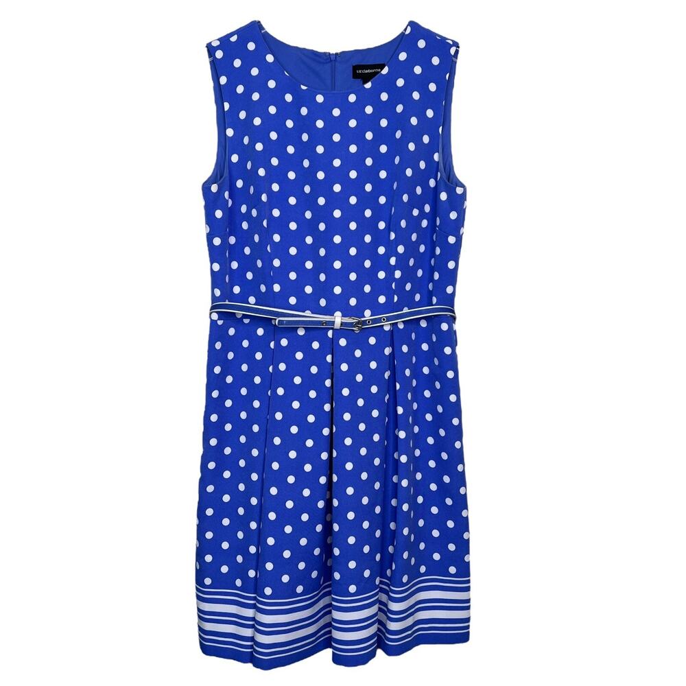 Liz Claiborne Fit & Flare Dress Polka Dot Sleeveless Removable Belt Blue 14